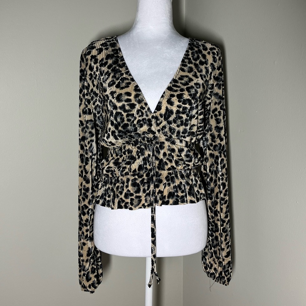 Zara Leopard Print Ribbed V-Neck Long Sleeve Top